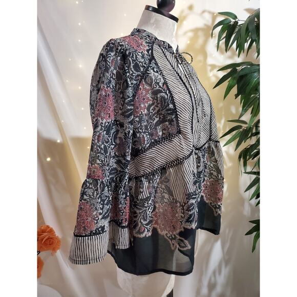 Lucky Brand Floral Sheer Stripe 3/4 Bell Sleeve Tie Peasant Blouse Size L Boho - Picture 2 of 9